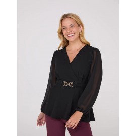 Crossover Peplum Top With Gold Buckle Belt