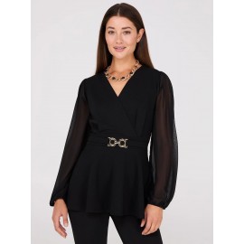 Crossover Peplum Top With Gold Buckle Belt