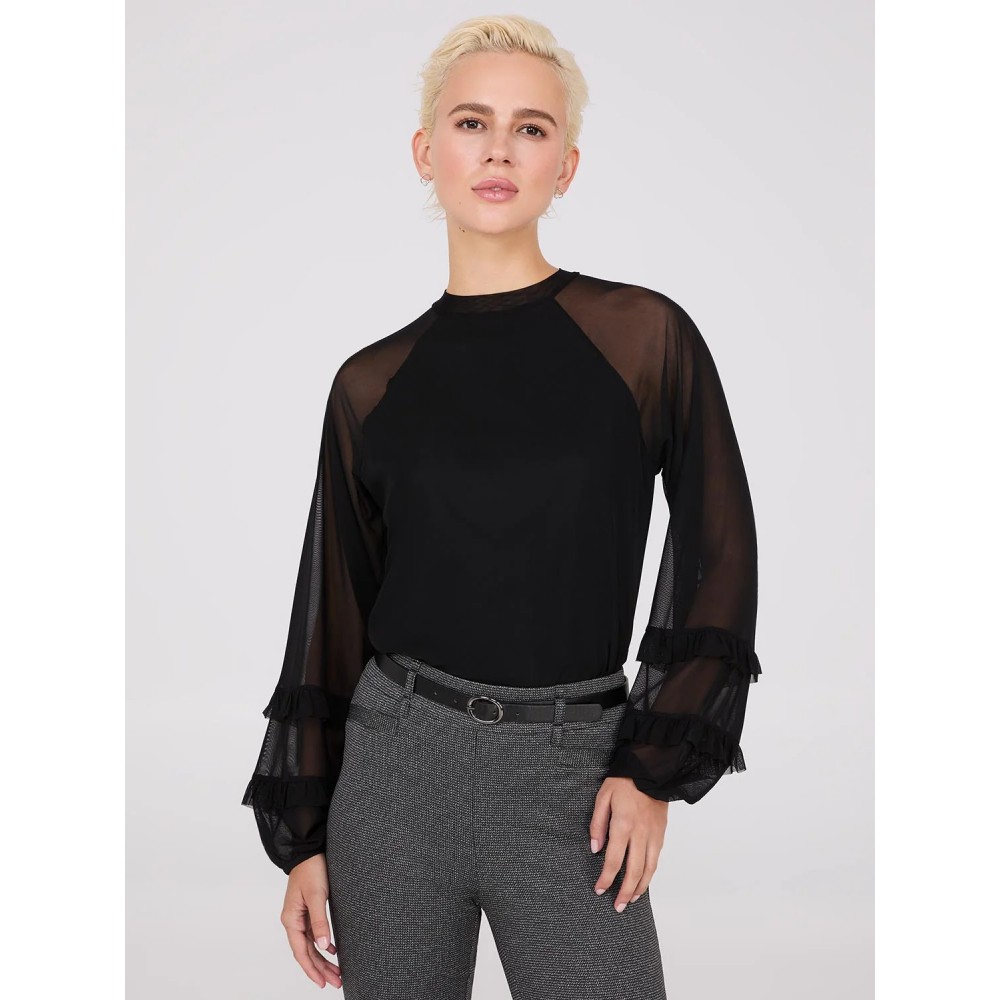 Mock Neck Mesh Top With Ruffle Details