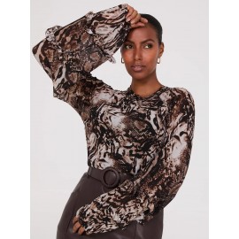 Animal Print Mesh Top With Ruffle Details
