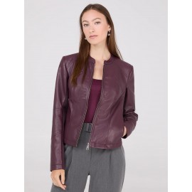 Collarless Faux Leather Jacket