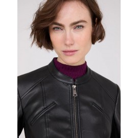 Collarless Faux Leather Jacket