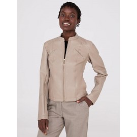 Collarless Faux Leather Jacket