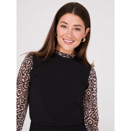 Crew Neck Scuba Top With Printed Chiffon Sleeves
