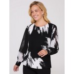 Printed Long Chiffon Sleeve Boat Neck Top