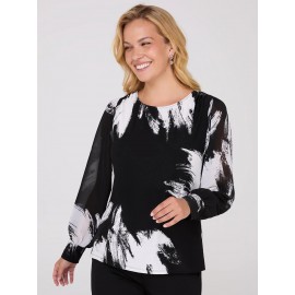 Printed Long Chiffon Sleeve Boat Neck Top