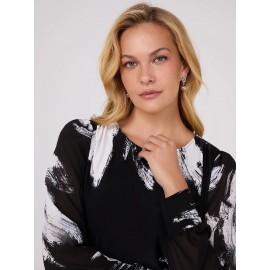 Printed Long Chiffon Sleeve Boat Neck Top