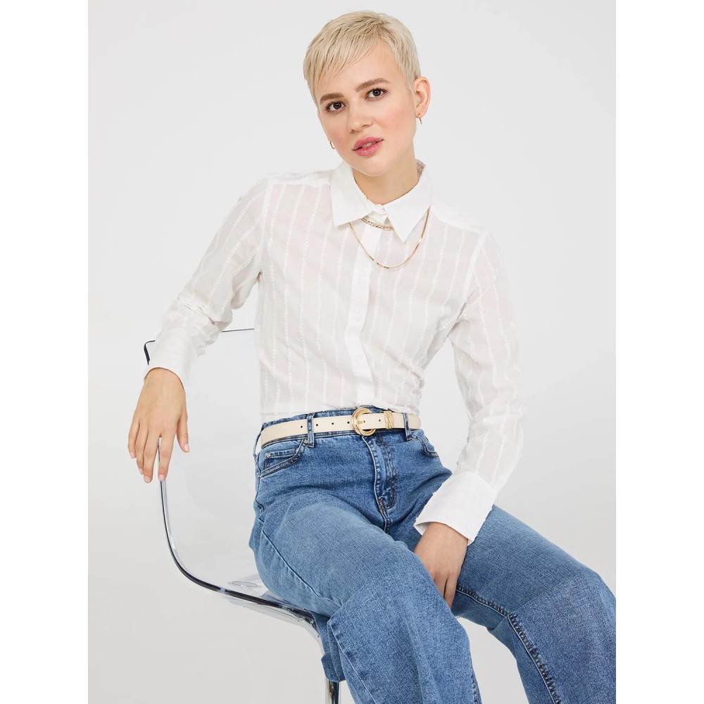 Textured Long Sleeve Button-Front Blouse