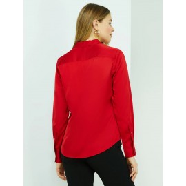 Satin Split Neck Button-Front Blouse