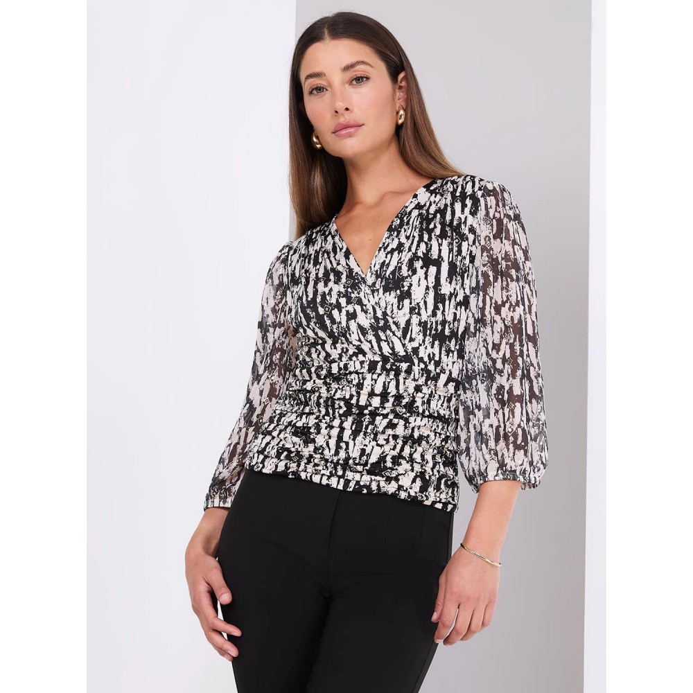 Abstract Print 3/4 Sleeve Crossover Top