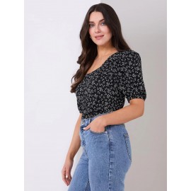 Floral Print Puff Sleeve Square Neck Top