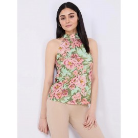 Sleeveless Floral Print Mock Neck Top