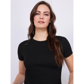 Textured Crew Neck Top With Pleat Details