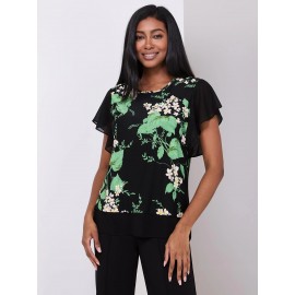Floral Print 2-Fer Chiffon Crew Neck Top