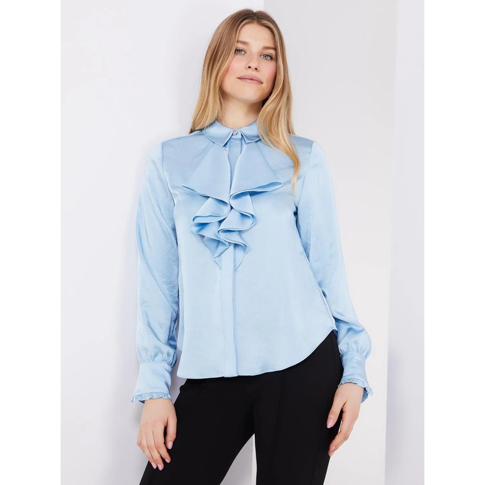 Button-Up Satin Blouse With Ruffle Front