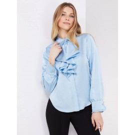 Button-Up Satin Blouse With Ruffle Front