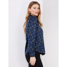 Floral Print Satin Split Neck Button-Front Blouse