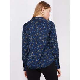 Floral Print Satin Split Neck Button-Front Blouse