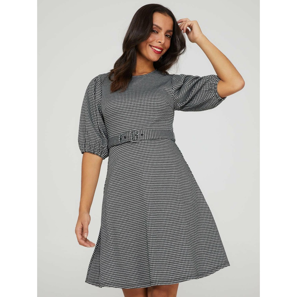 Printed Metallic Fit & Flare Belted Dress