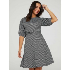 Printed Metallic Fit & Flare Belted Dress