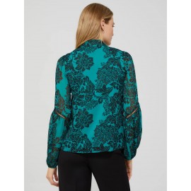 Floral Print Chiffon Button-Front Blouse With Puff Sleeves