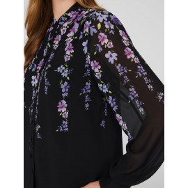 Floral Print Chiffon Button-Front Flowy Blouse