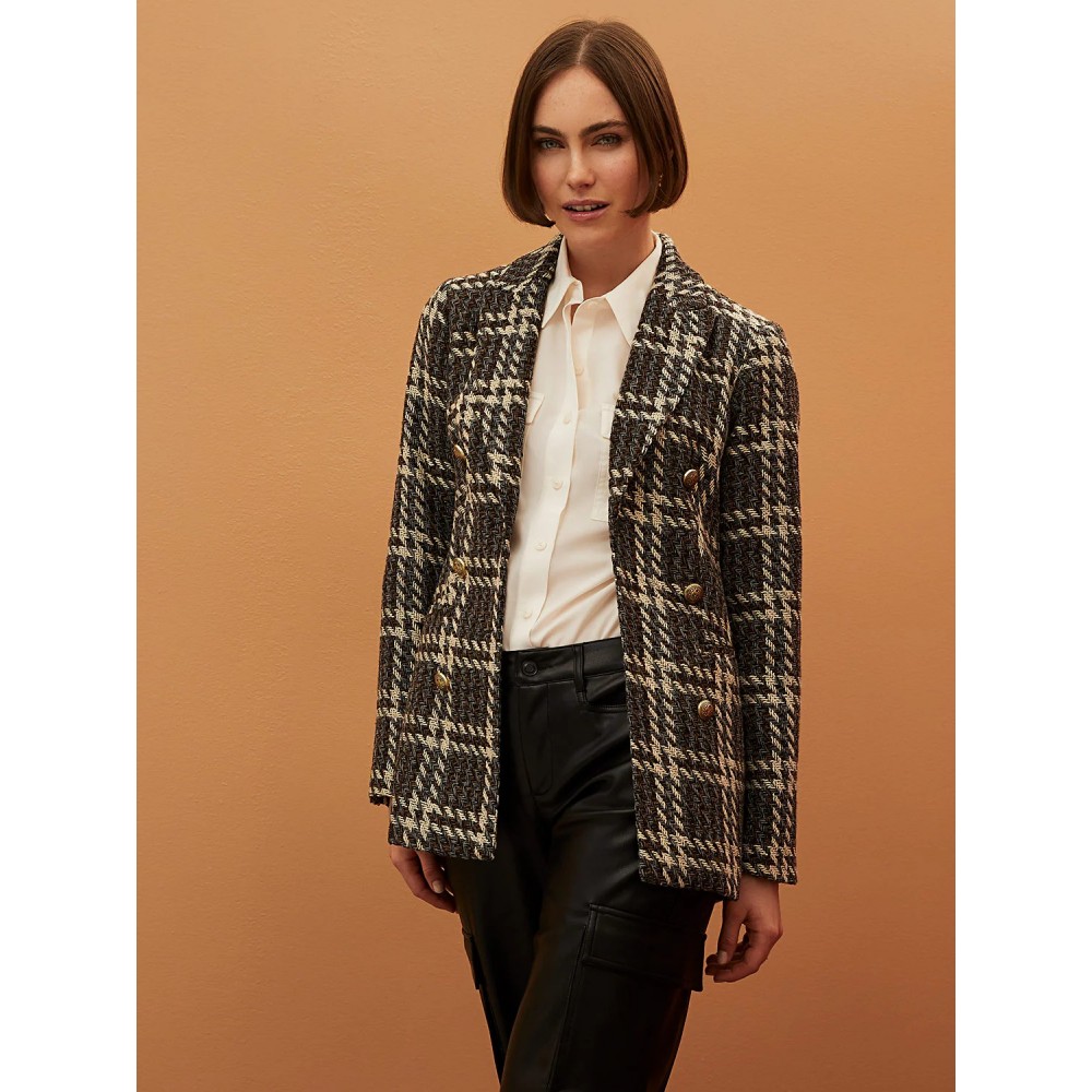 6-Button Plaid Boucle Blazer