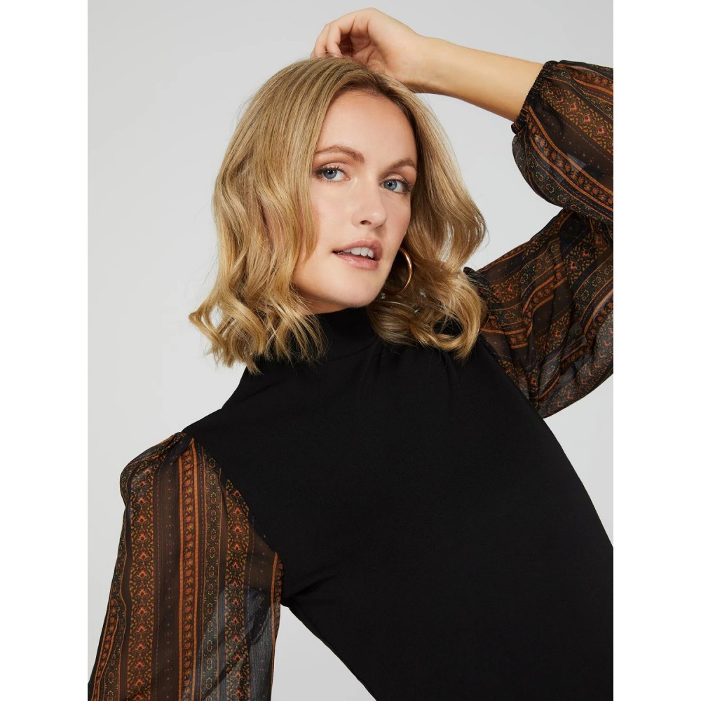 Crepe Mock Neck Top With Long Printed Balloon Sleeves