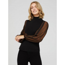 Crepe Mock Neck Top With Long Printed Balloon Sleeves
