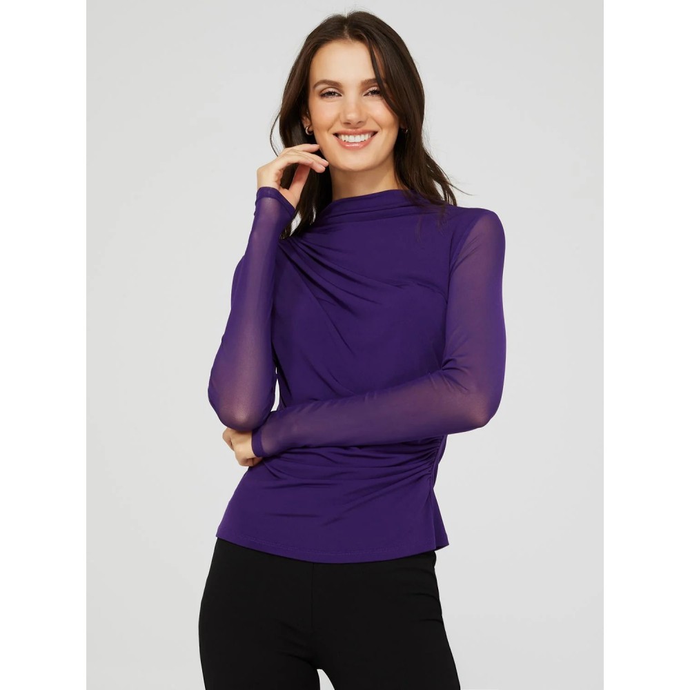 Mock Neck Ruched Jersey Top With Mesh Long Sleeves