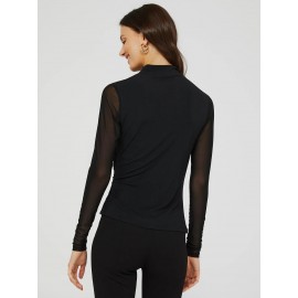 Mock Neck Ruched Jersey Top With Mesh Long Sleeves