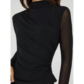 Mock Neck Ruched Jersey Top With Mesh Long Sleeves