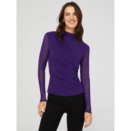 Mock Neck Ruched Jersey Top With Mesh Long Sleeves