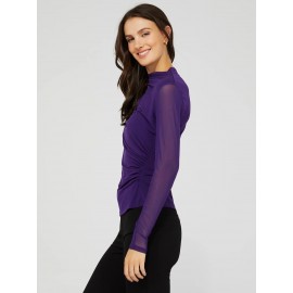 Mock Neck Ruched Jersey Top With Mesh Long Sleeves