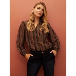 Ribbon Print Button-Front Blouse