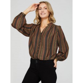 Ribbon Print Button-Front Blouse
