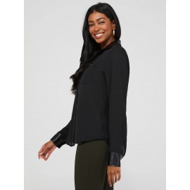 Chiffon Button-Front Blouse With Faux Leather Details