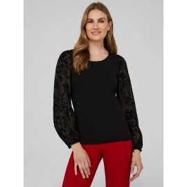 Round Neck Top With Sheer Chiffon Long Sleeves