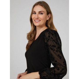 Round Neck Top With Sheer Chiffon Long Sleeves