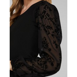 Round Neck Top With Sheer Chiffon Long Sleeves