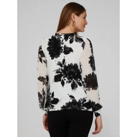 Printed V-Neck Top With Sheer Crepe Chiffon Long Sleeves