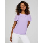Pleated Crew Neck Top With Chiffon Flutter Sleeves