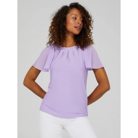 Pleated Crew Neck Top With Chiffon Flutter Sleeves