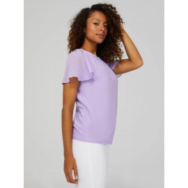 Pleated Crew Neck Top With Chiffon Flutter Sleeves