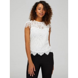 Lace Crew Neck Top With Scalloped Cap Sleeves