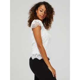 Lace Crew Neck Top With Scalloped Cap Sleeves