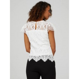 Lace Crew Neck Top With Scalloped Cap Sleeves