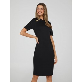 Knee Length Sheath Dress With Gold Buttons