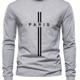 PARIS Print, Men's Graphic Design Crew Neck Long Sleeve Active T-shirt Tee, Casual Comfy Shirts For Spring Summer Autumn, Men's Clothing Tops